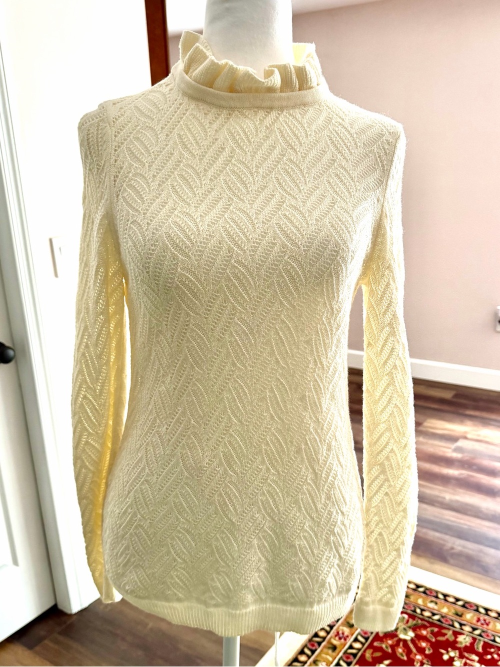 Talbots Women's Cream Ruffle Neck Knit Sweater